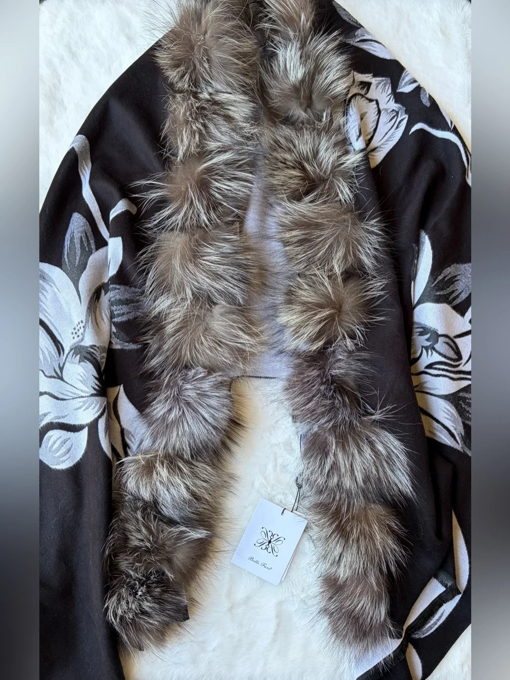 NWT Belle Fare Black Silver Fox Fur Cashmere Angora Wool Shawl Neiman Marcus